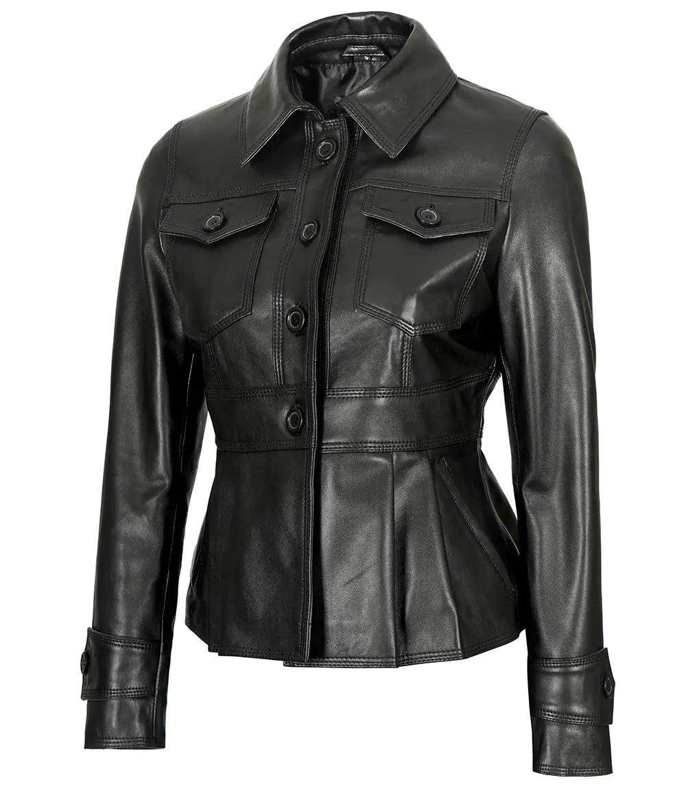 Women’s Short Body Black Peplum Leather Jacket