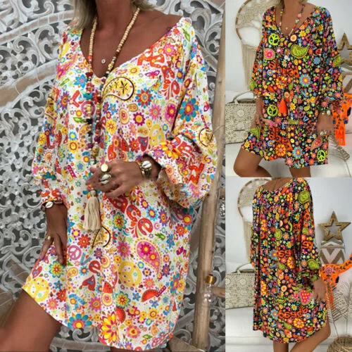 Women's Summer Dresses Vintage Floral Print Deep V Neck Dresses Damen Boho Hippie Blumen Strand Kaftan Freizeit Hemd