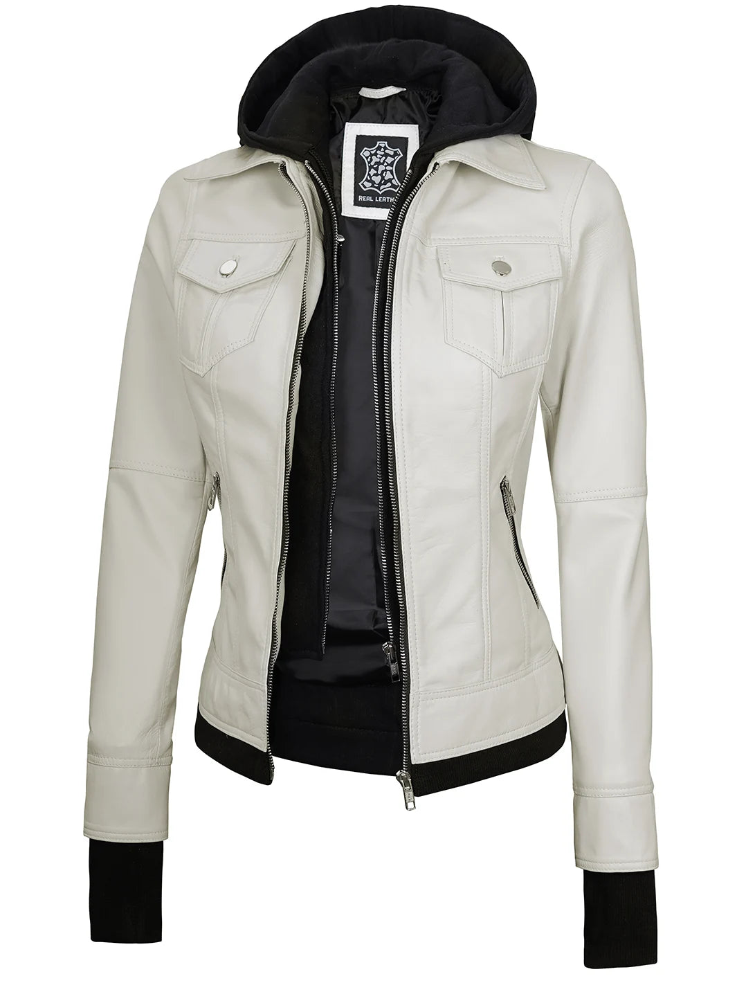 Womens Off White Motorcycle Leather Jacket with Hood