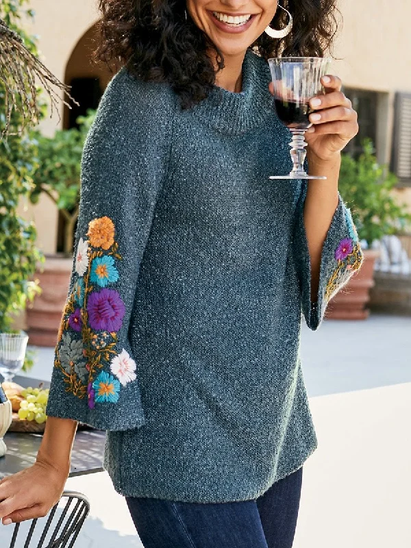 Blue Embroidered Crew Neck Long Sleeve Sweater