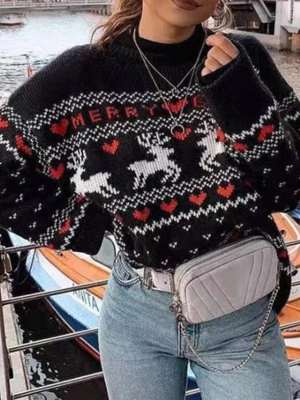 Christmas Elk Print Knit Sweater