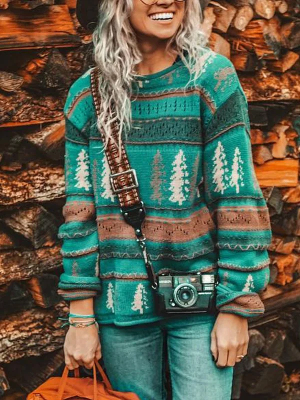 Loose Christmas Print Round Neck Sweater