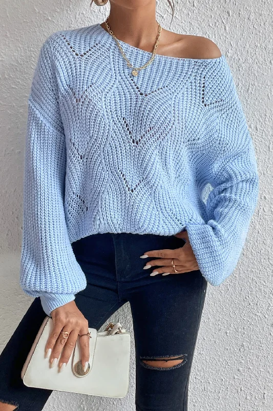 Openwork Boat Neck Dropped Shoulder Sweater