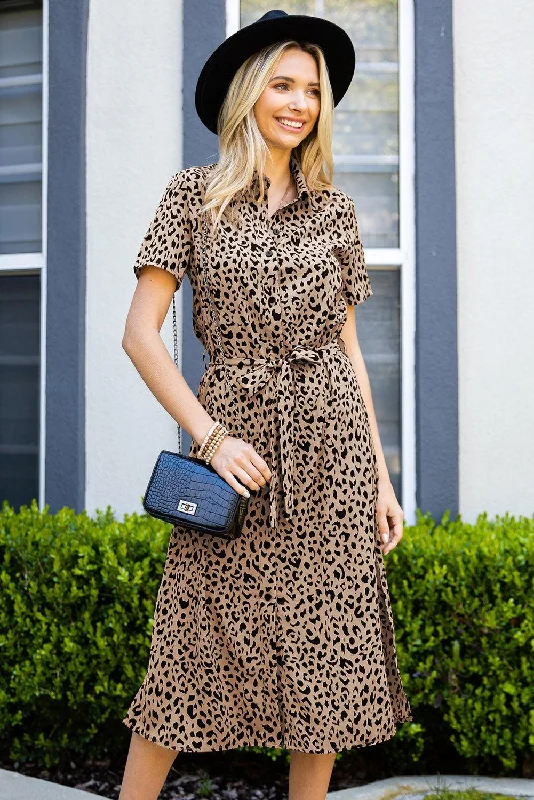 Animal Print Short Sleeve Belted Mini A-Line Dress