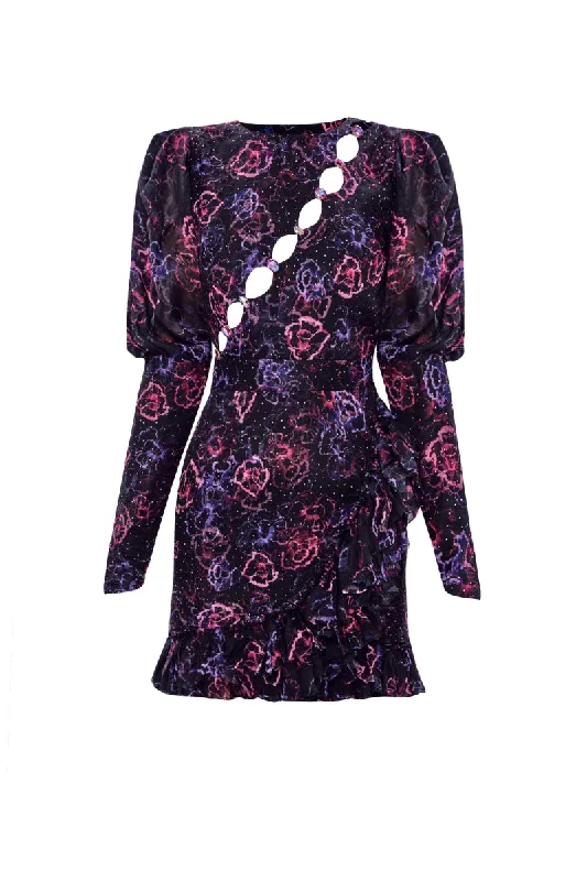 ASYMMETRIC STONE PRINTED FLORAL PATTERNED MINI DRESS IN PURPLE FLORAL