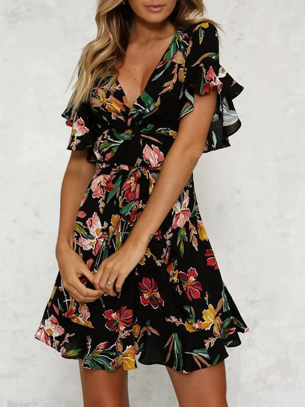 Floral Printed Falbala Belted Mini Dress