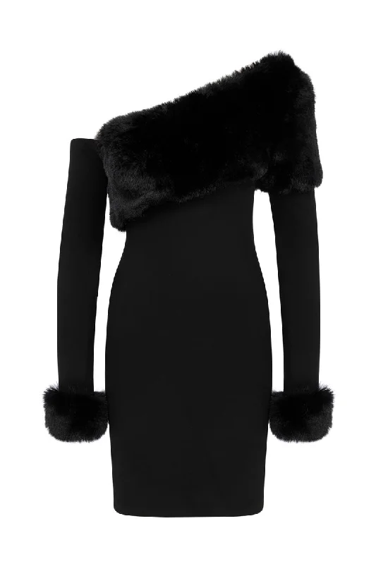 FROSTY NOIR MINI DRESS WITH FUR