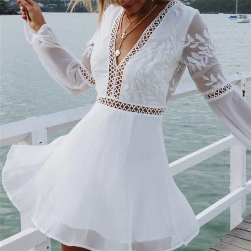 New Fashion Women Casual  Sexy V-Neck Long Sleeve Lace Mini Dress