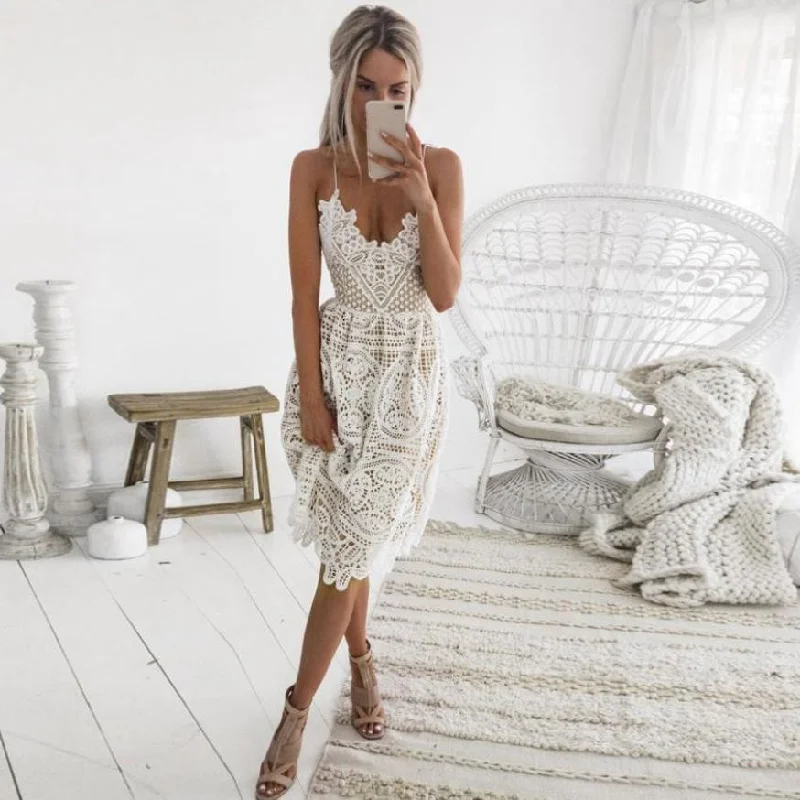 Summer Women Deep V Neck Backless Lace Sleeveless Mini Dress