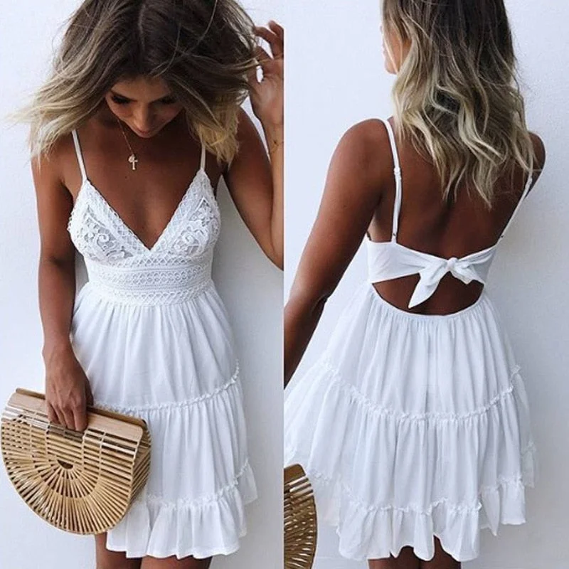 Summer Women Lace Sexy Backless V-neck Sleeveless Mini dress