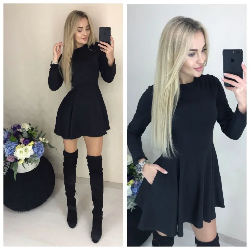 Women O-neck Fit and Flare Pockets Long Sleeve Mini dress