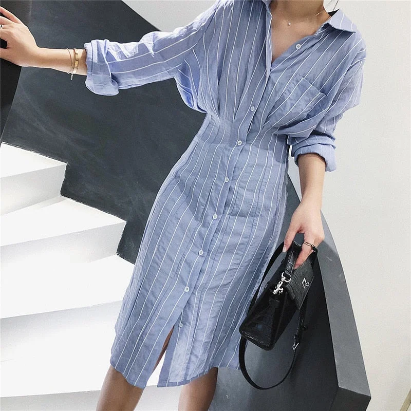 Women Slim Waist Striped Shirt Long Sleeve Knee Length Mini Dress