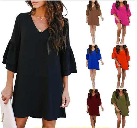 Women's Dress Sweet & Cute V-Neck Bell Sleeve Large Size Shift Dress Mini Dress