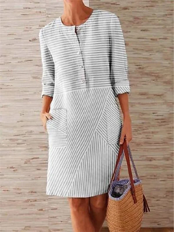 Women Striped Solid Casual Holiday Loose Mini Dress