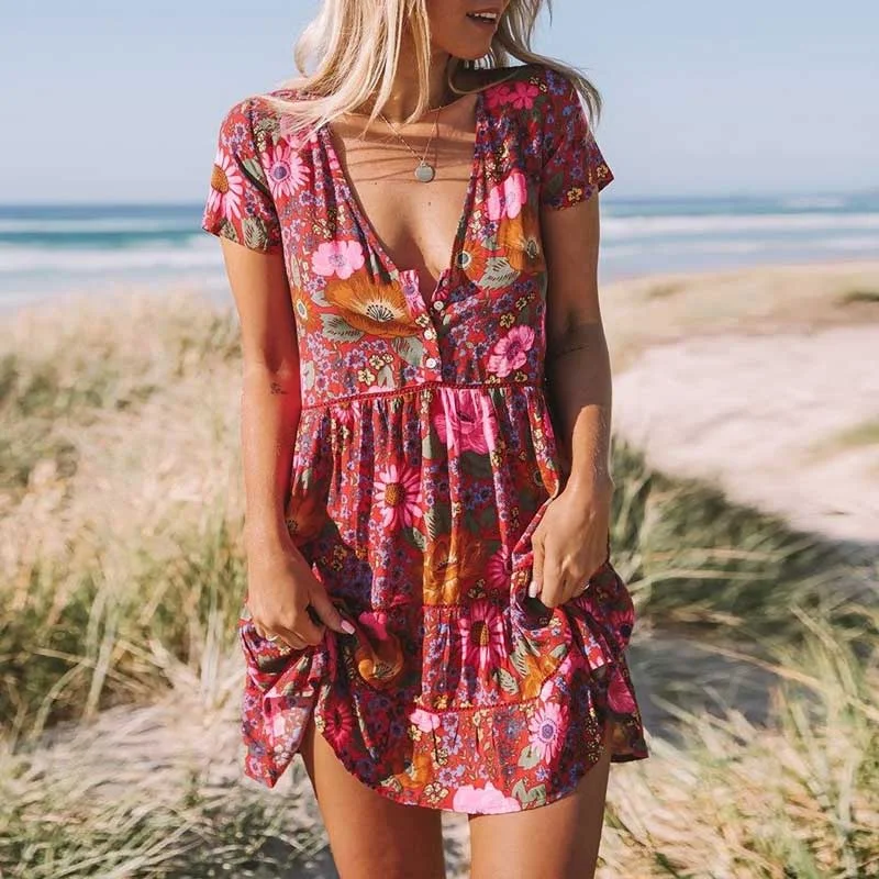 Women Foral Print  V-neck Chic Mini Dress