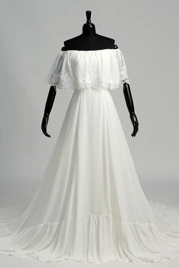 A-line Off-the-shoulder Sleeveless Chiffon Wedding Dress with Chapel Train