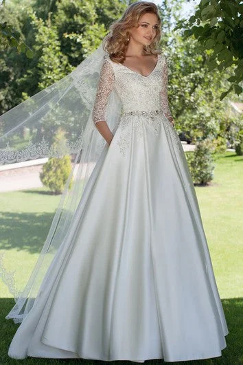 A-Line V-Neck Appliqued 3-4 Sleeve Satin Wedding Dress