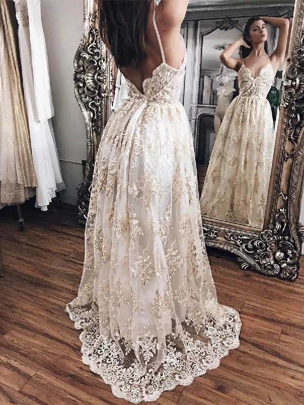 A Line V Neck Backless Lace Ivory Wedding Dress with Champagne Appliques, Backless Prom Dresses, Graduation Dress, Formal Dresses