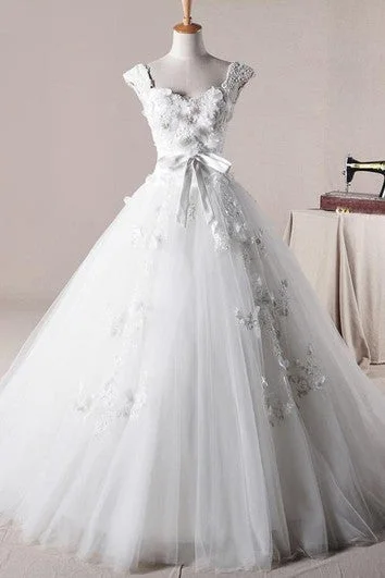 Ball Gown Long Straps Beading Appliques Ruffles Straps Tulle Lace Dress