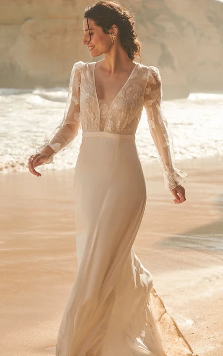 Casual Illusion Long Sleeve Sheath Chiffon Wedding Dress with Applique and Deep-v Back