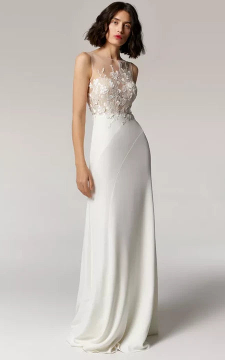 Casual Sleeveless Bateau-neck Sheath Chiffon Wedding Dress with Illusion Lace Top