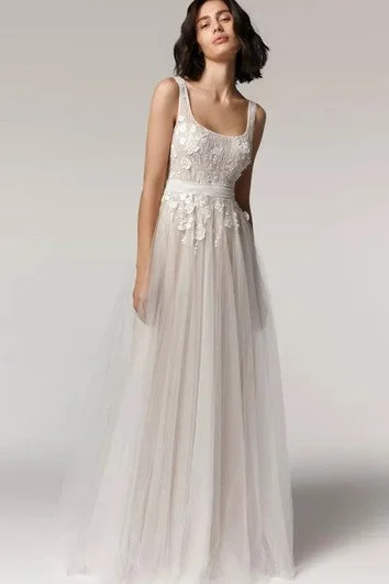 Elegant A Line Scoop Neckline Tulle Open back Wedding Dress with Appliques