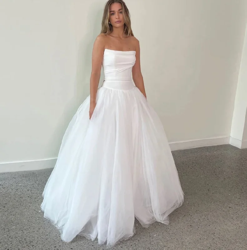 Elegant Tulle A Line Wedding Dresses For Woman 2024 Strapless Sleeveless Bridal Bride Robe Dress Gowns Vestidos De Novia