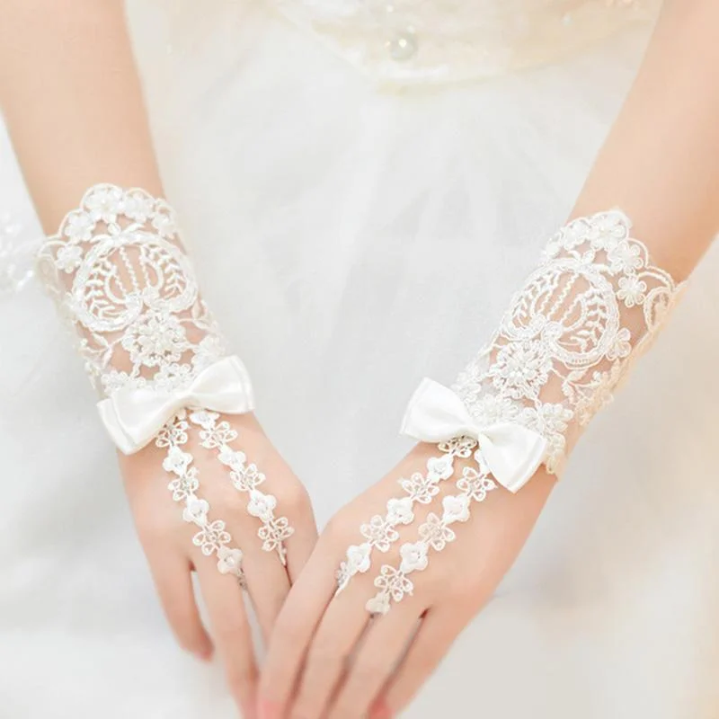 Fingerless Bowknot Beading Short Wrist Embroidery Wedding Gloves