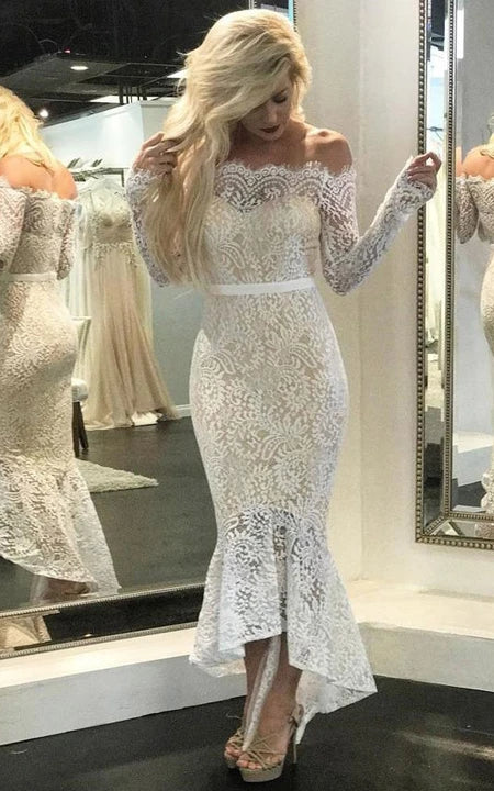 Long Sleeve Off-the-shoulder Sheer Lace Mermaid Pencil Ankle-length Wedding Dress