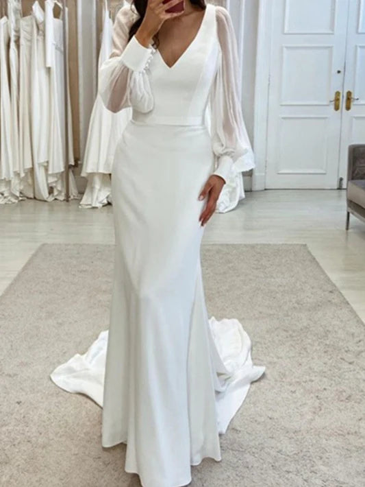 Loudspeaker/fishtail V-neck and ground long sleeved wedding dress