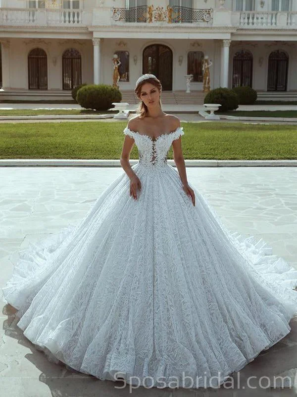 Off the Shoulder Full Lace Elegant Princess Romantic Wedding Dresses,Ball Gown, WD0359