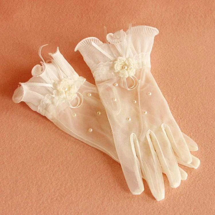 See Through Falbala Flower Pearl Decorated Short Wrist Wedding Gloves