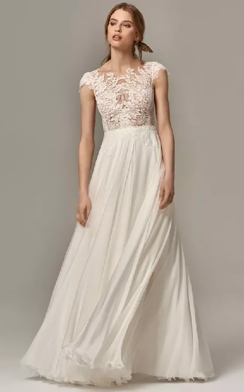 Vintage Ivory Cap-sleeve Sheath Chiffon Wedding Dress with Lace Top