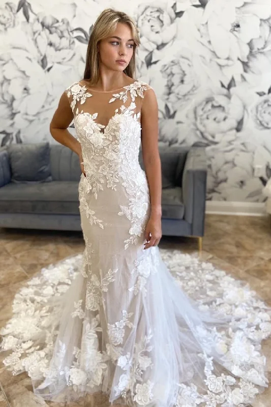 White Illusion Neck Appliques Trumpet Long Wedding Dress