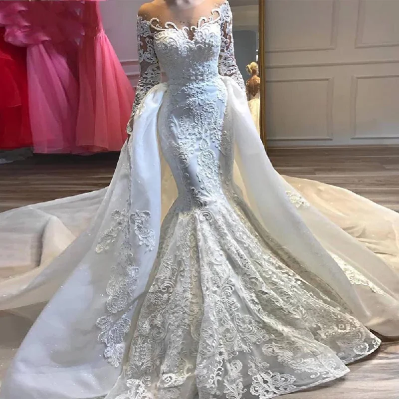 Women's Mermaid Long Sleeves Beaded Detachable Train Bridal Gown