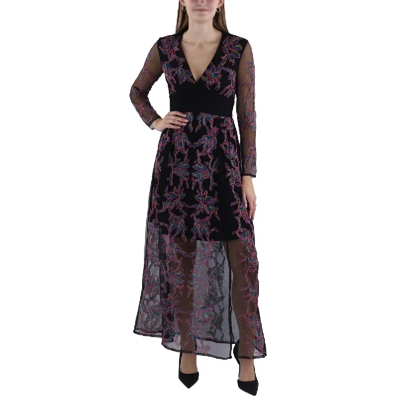 Emilia Womens V-Neck Embroidered Maxi Dress