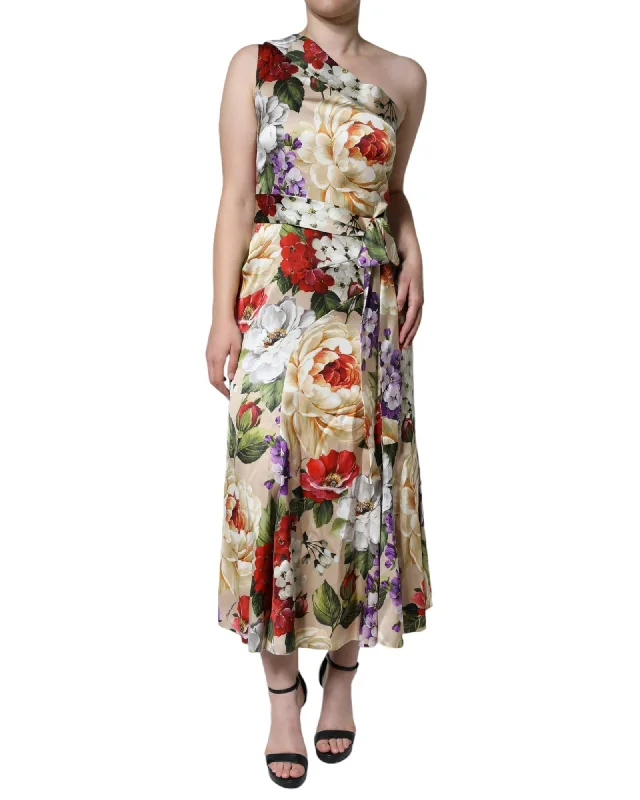 Dolce & Gabbana Floral Silk Stretch One Shoulder Maxi Dress