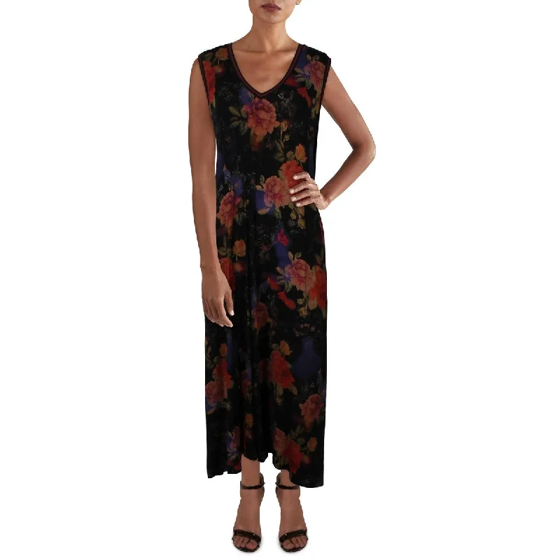 Womens Floral Print Tea Length Maxi Dress