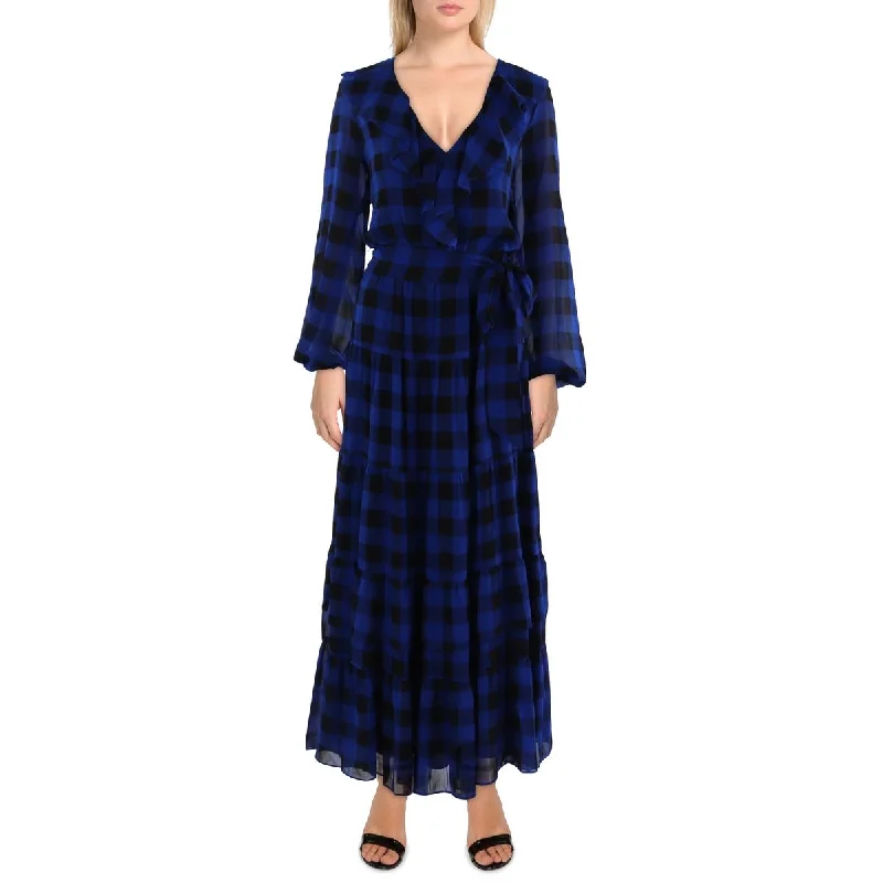 Georgette Womens Buffalo Check Long Maxi Dress