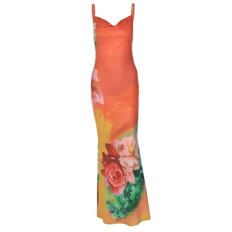 Cowl neck flower print backless cami maxi dress