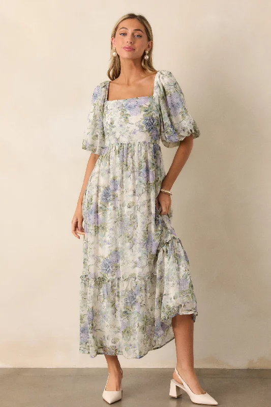 Fields of Gold Ivory Floral Puff Sleeve Midi Dress