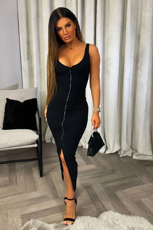 Going Out Midi Dress With Diamante Zip Detail Black