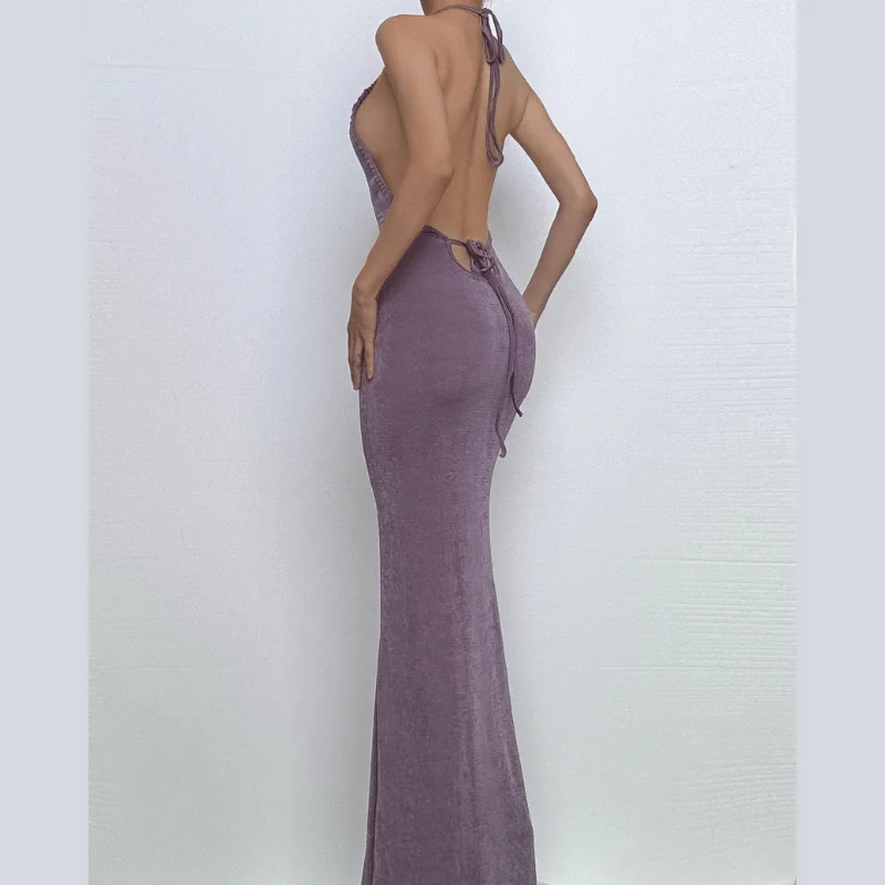 Halter ruched backless maxi dress