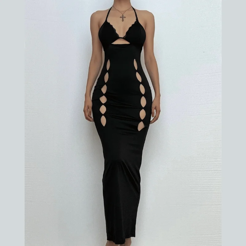 Halter v neck lace hem hollow out cut out maxi dress