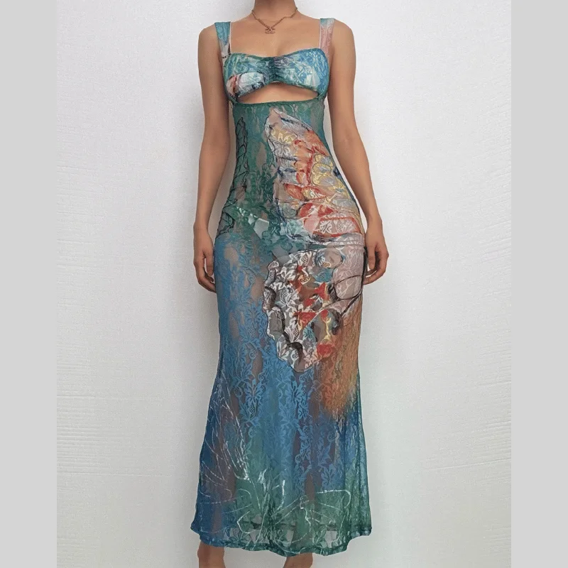 Hollow out butterfly pattern lace tie dye cut out maxi dress