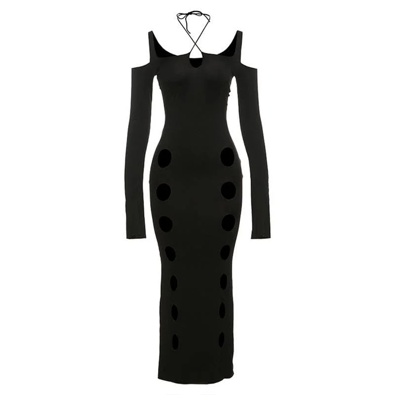 Hollow out long sleeve halter cross front self tie cut out maxi dress