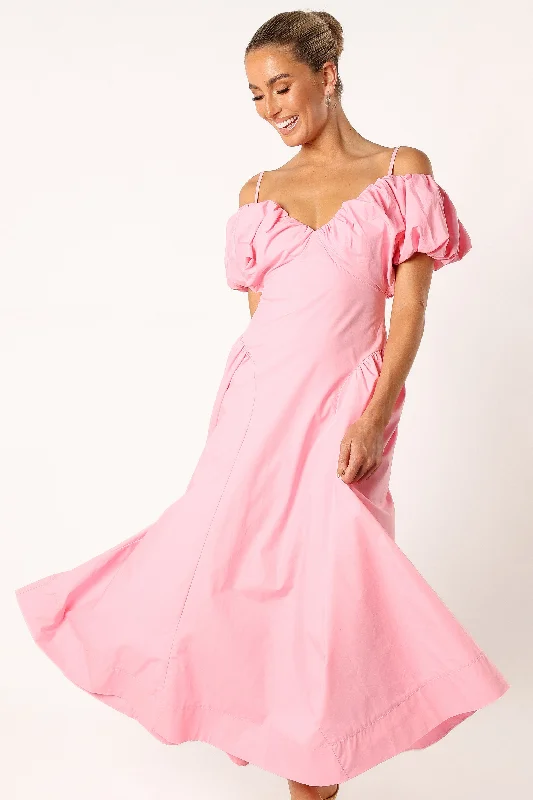 Liner Puff Sleeve Midi Dress - Pink