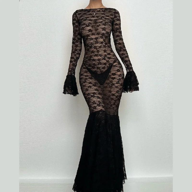 Long flared sleeve lace see through ruched maxi dress