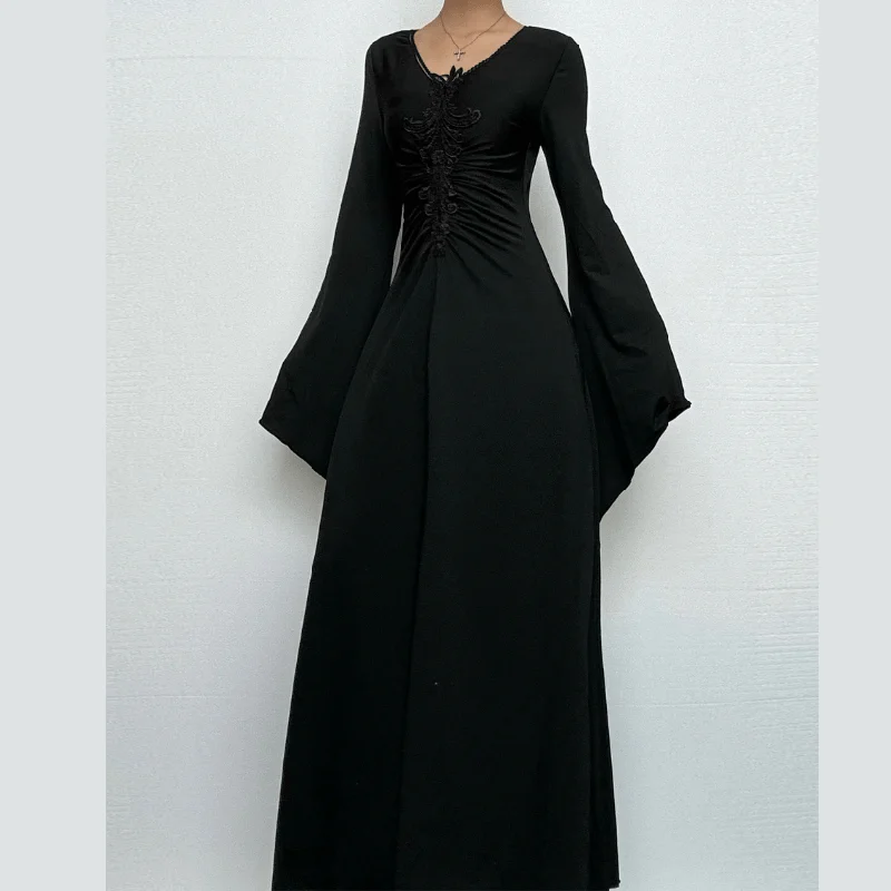 Long flared sleeve v neck embroidery maxi dress