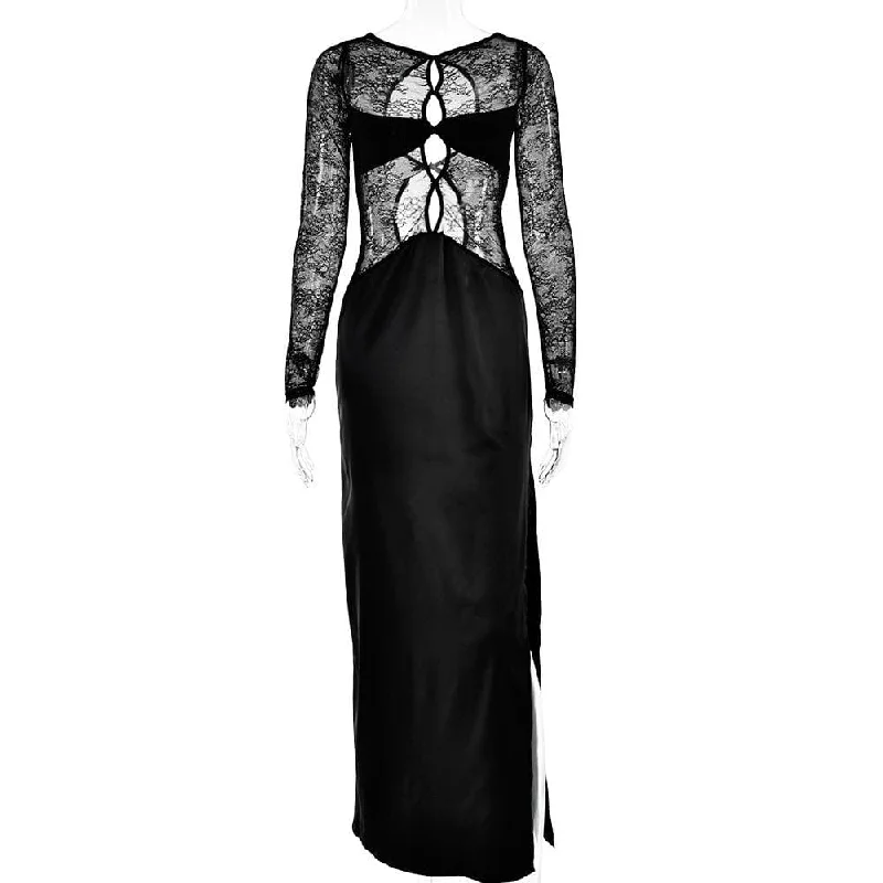 Long sleeve crewneck lace hollow out high slit cut out maxi dress